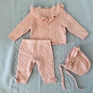 Shabby Chic Soft Pink Knit Matching Baby Sweater, Pants, and Bonnet